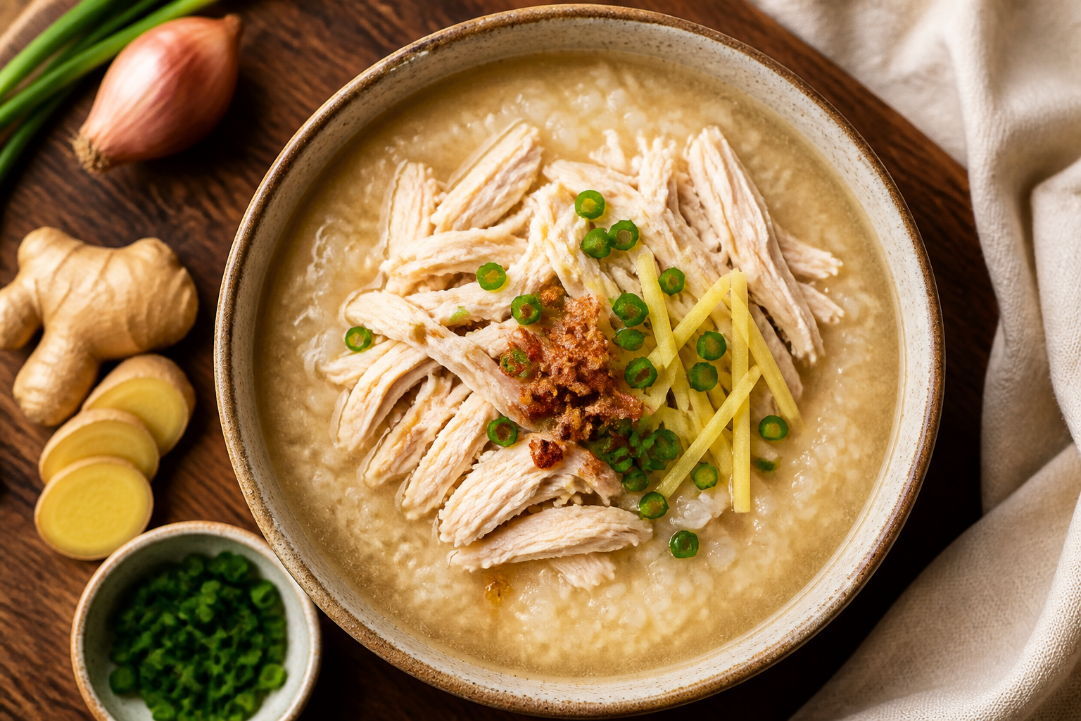 Overhead shot of Ginger Rice Porridge with Poached Chicken plated appetizingly in a ceramic bowl