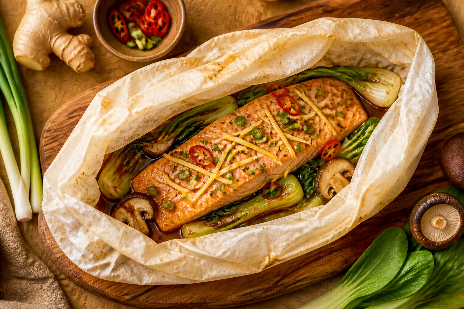 Overhead shot of Ginger Salmon en Papillote plated appetizingly in a wooden board
