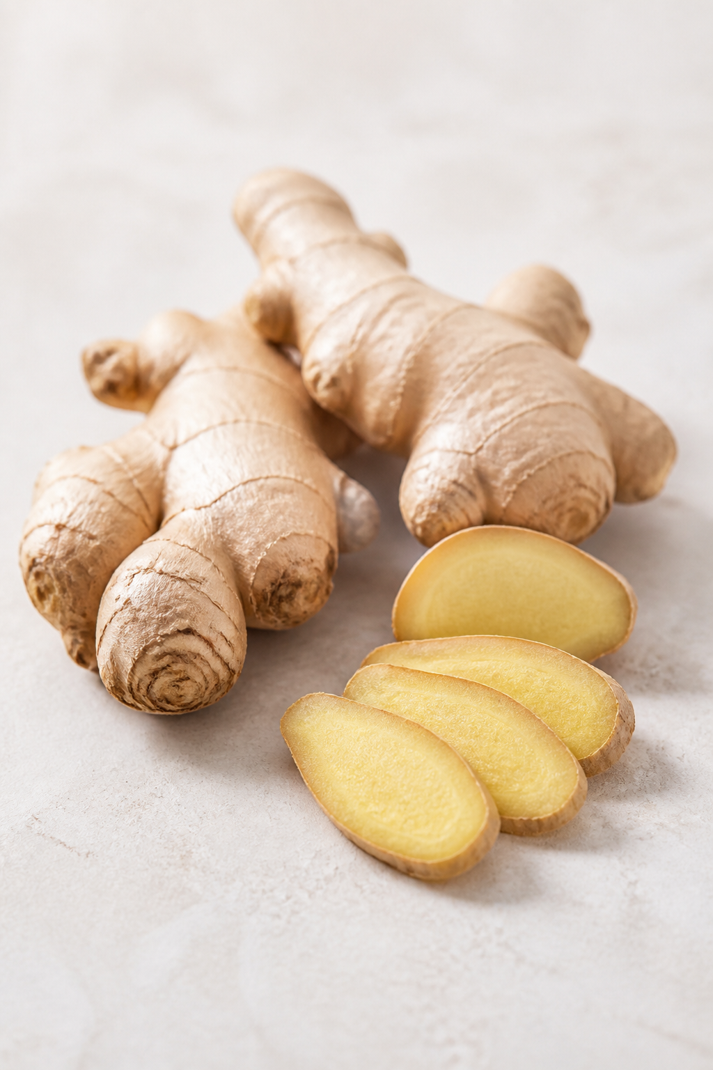 Fresh ginger root with thin slices on a light neutral surface