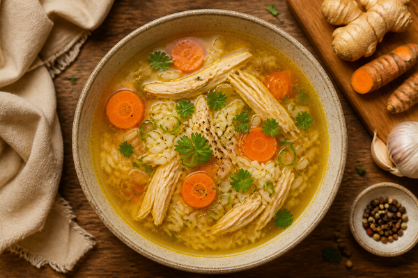Ginger-Turmeric Chicken Bone Broth Soup with Rice