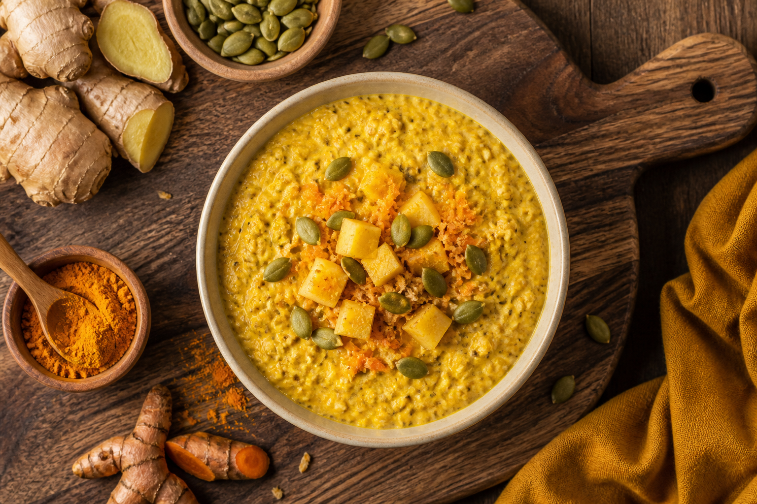 Overhead shot of Ginger Turmeric Overnight Oats with Pumpkin Seeds plated appetizingly in a wooden board