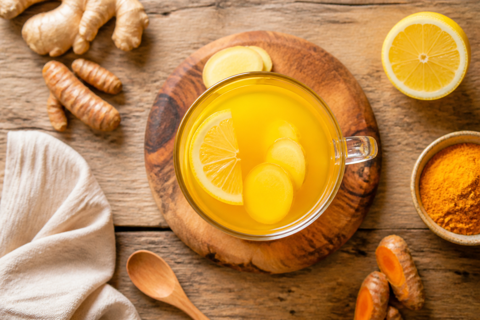 Overhead shot of Ginger Turmeric Tea plated appetizingly in a tall glass or mug