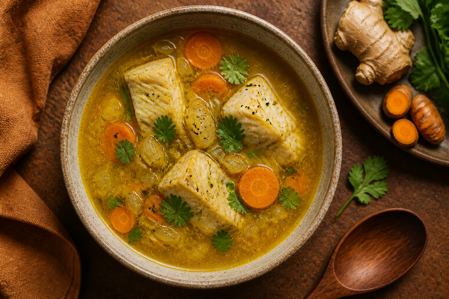 Overhead shot of Ginger-Turmeric White Fish Soup plated appetizingly in a ceramic bowl