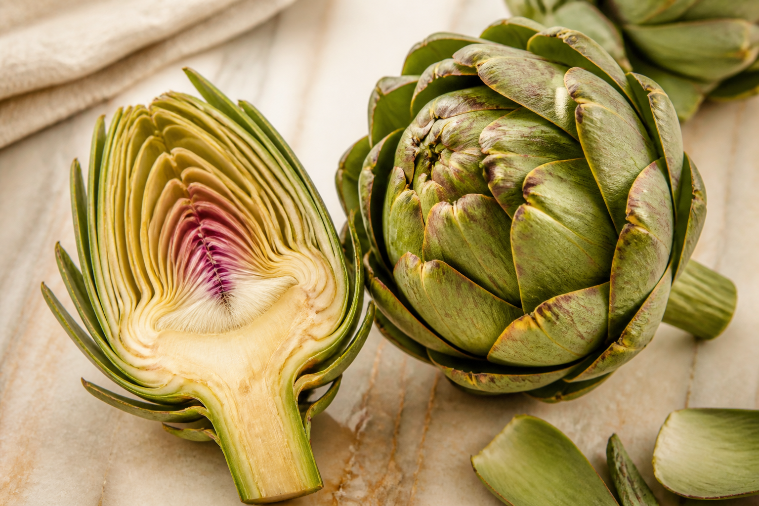 Close-up editorial still life of Globe Artichoke on a clean wooden or marble surface