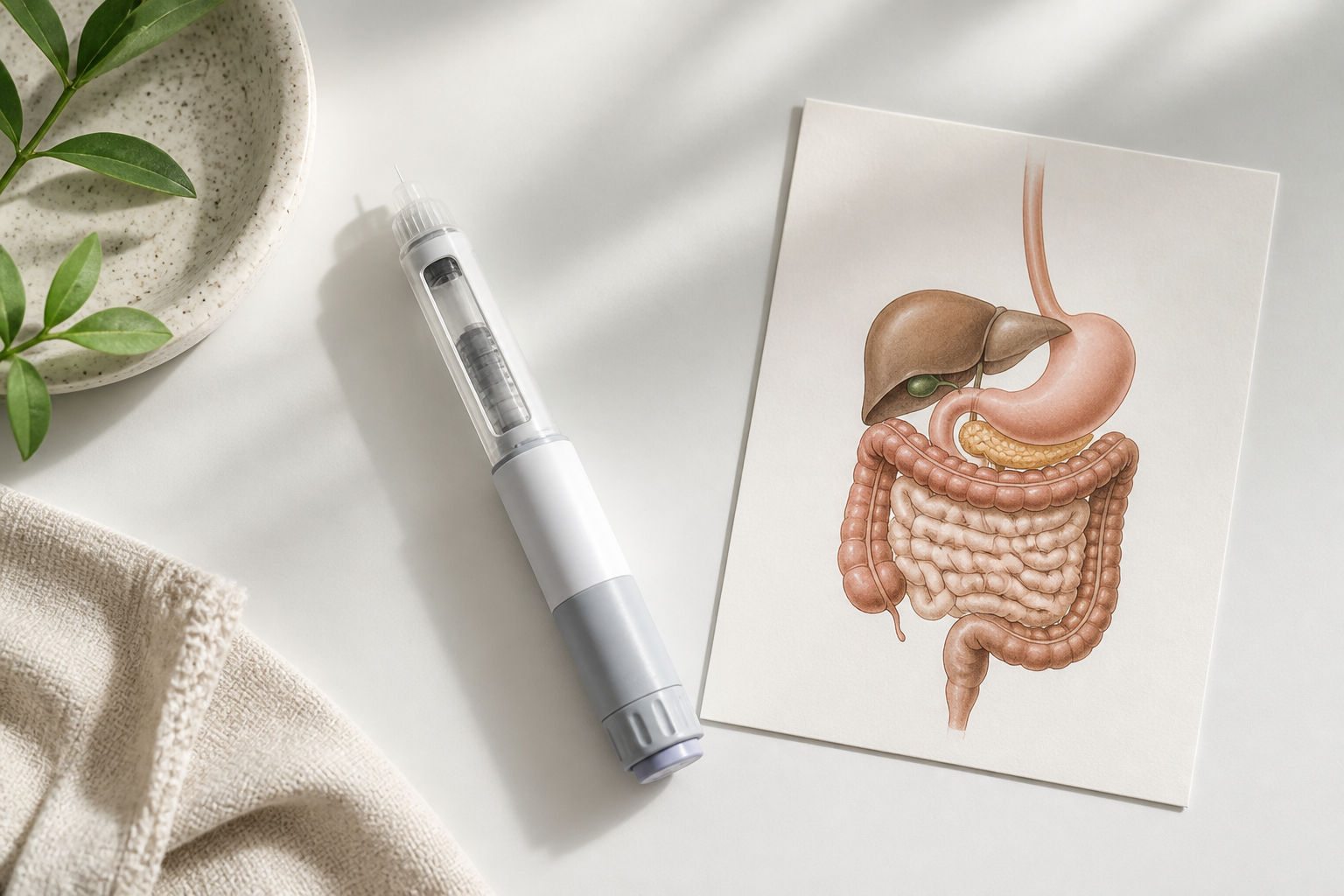 Flat lay of a GLP-1 injection pen on a clean white surface beside a small diagram of the digestive tract