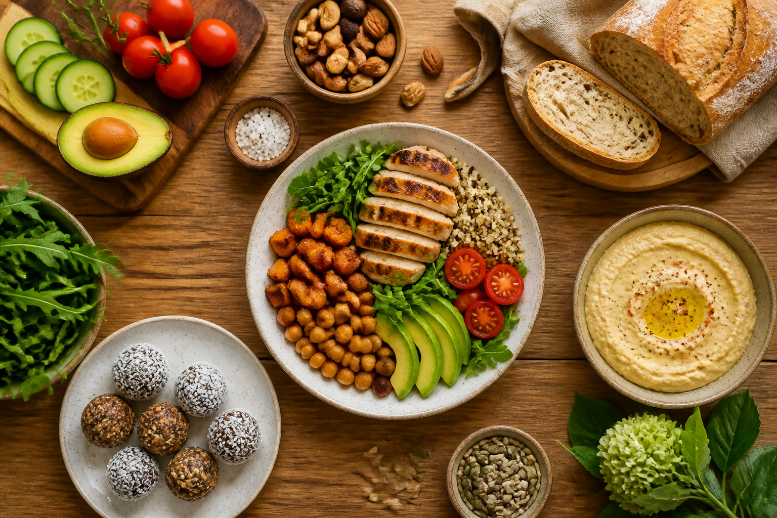 Overhead editorial still life related to Gluten-Free by Choice on a warm wooden surface