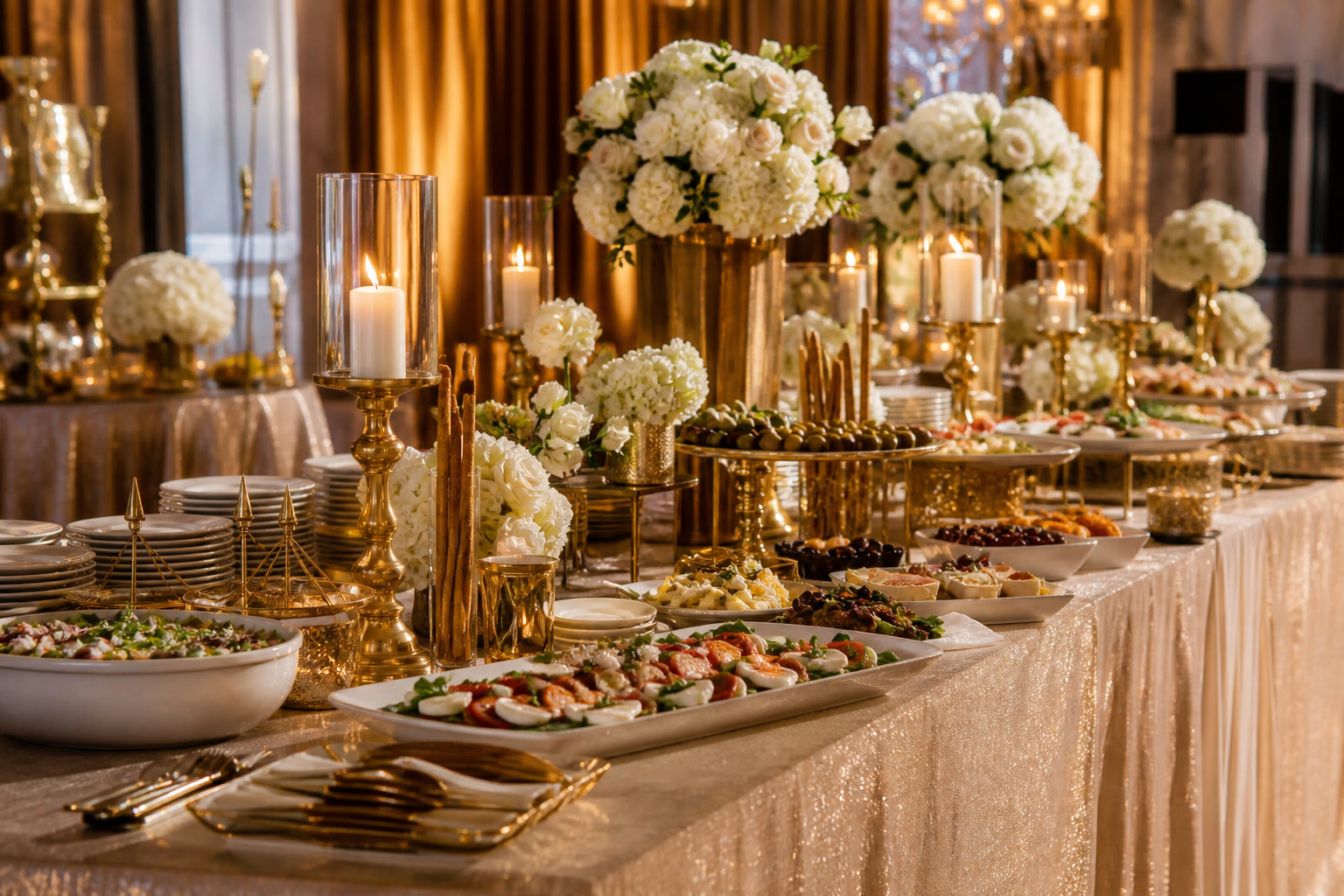 Elegant celebration buffet table with gold and champagne-toned decor