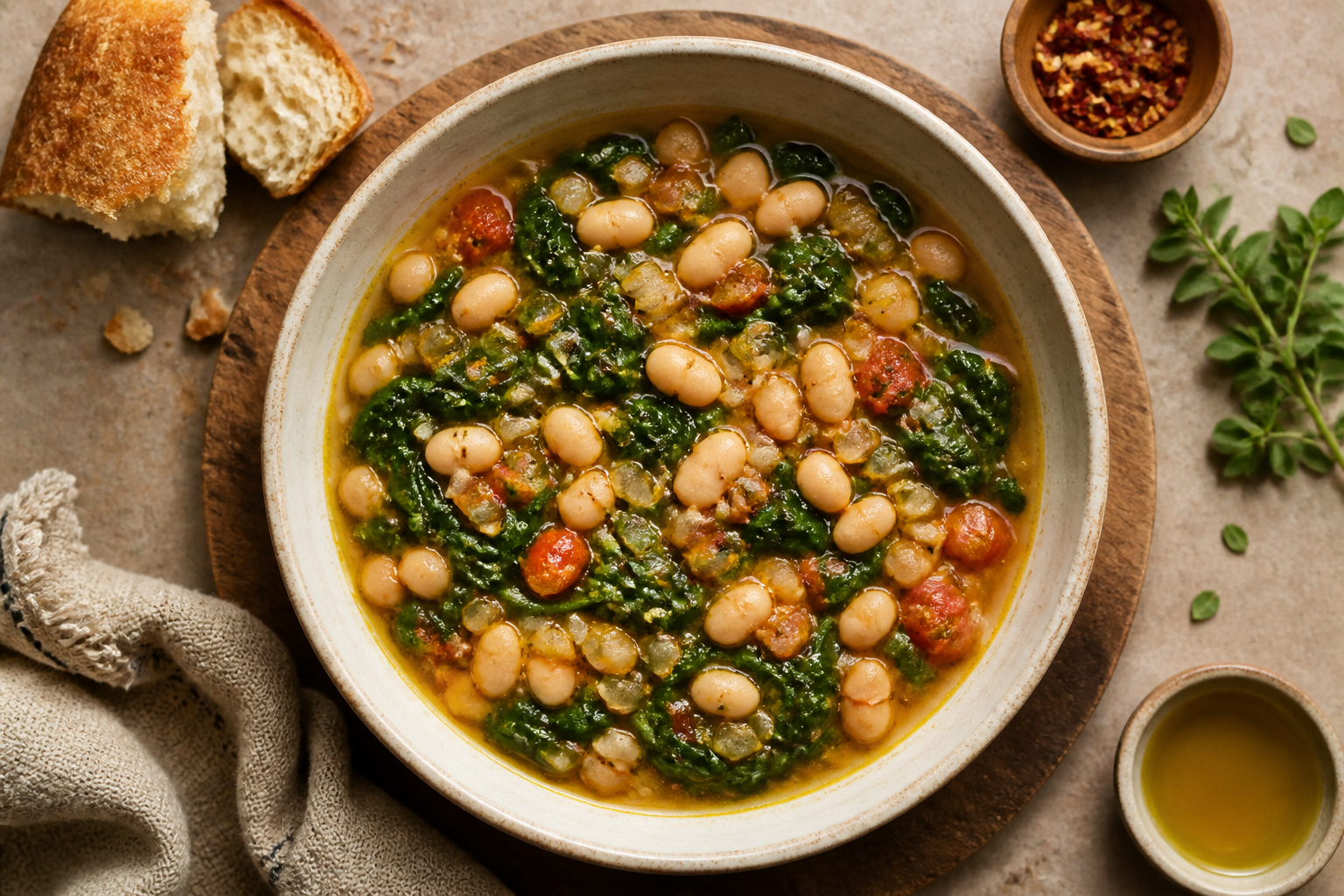 Overhead shot of Greek White Bean and Spinach Stew plated appetizingly in a ceramic bowl