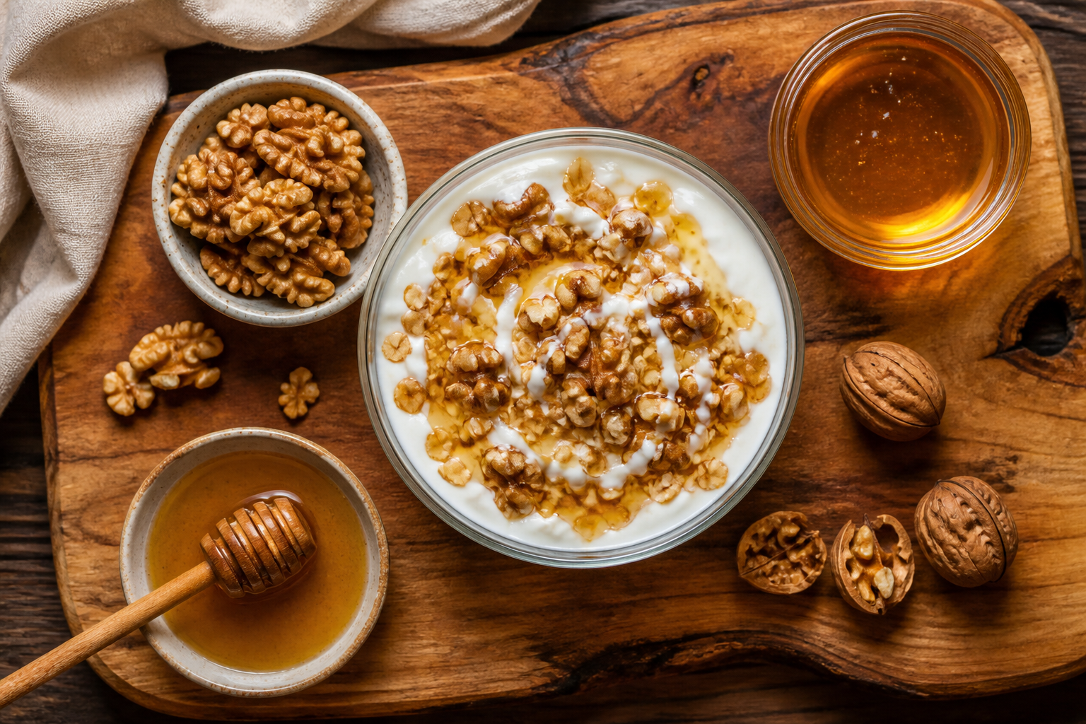 Overhead shot of Greek Yogurt Parfait with Walnuts and Honey plated appetizingly in a wooden board