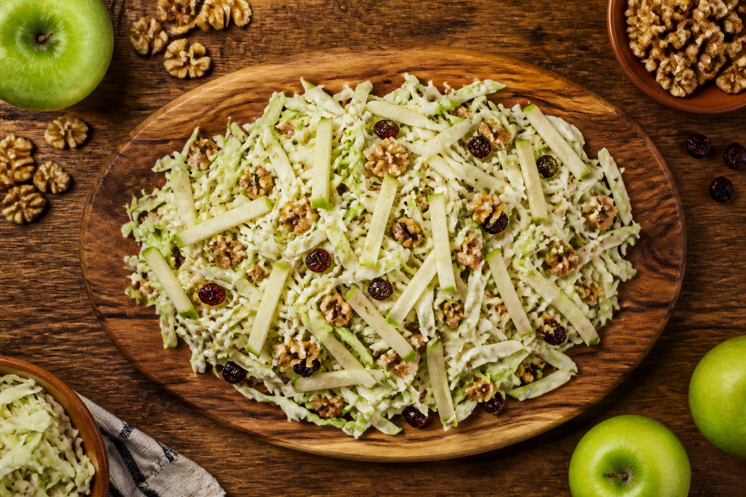 Overhead shot of Green Apple and Walnut Slaw plated appetizingly in a wooden board