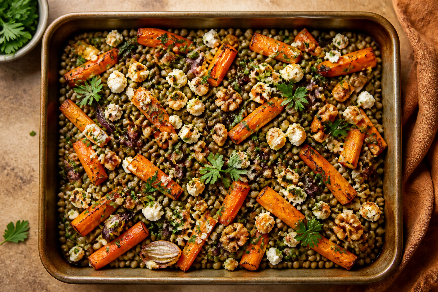 Overhead shot of Green Lentil and Roasted Carrot Bowl plated appetizingly in a baking tray