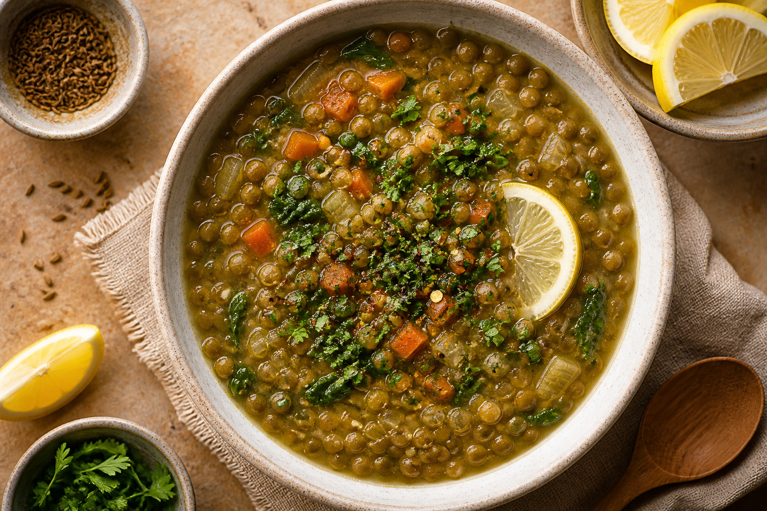 Overhead shot of Green Lentil Soup with Cumin and Lemon plated appetizingly in a ceramic bowl