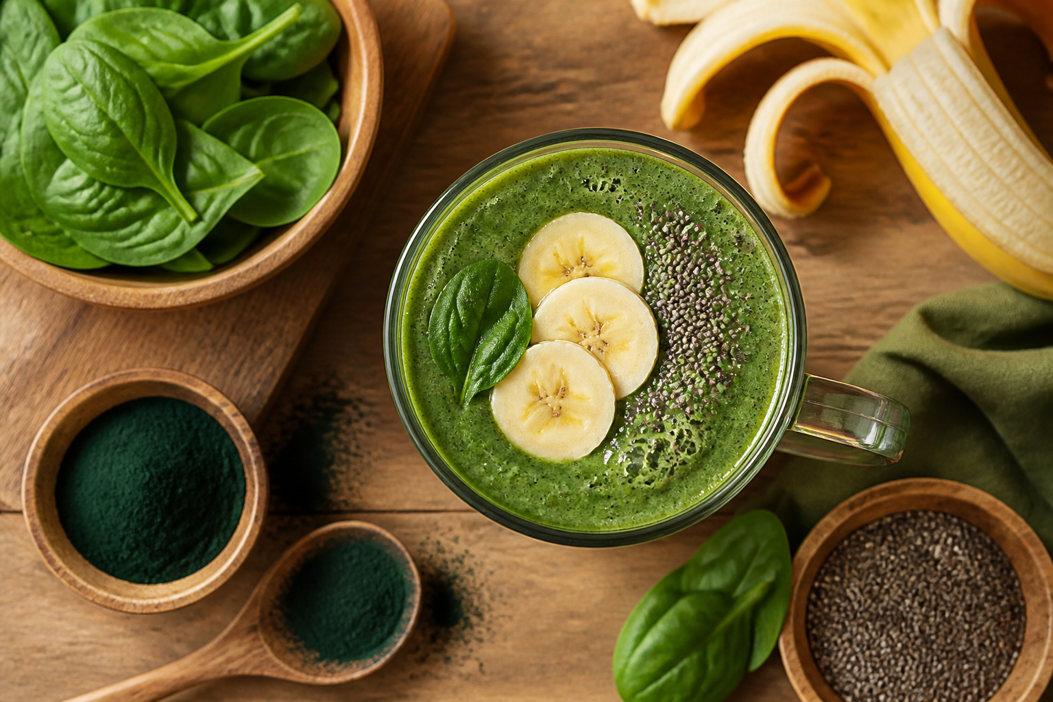 Overhead shot of Green Smoothie with Spirulina and Banana plated appetizingly in a tall glass or mug