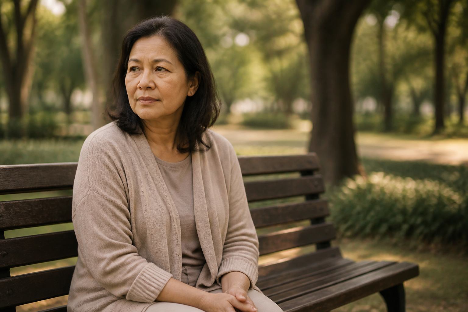 Filipino woman in her 50s sitting alone on a park bench