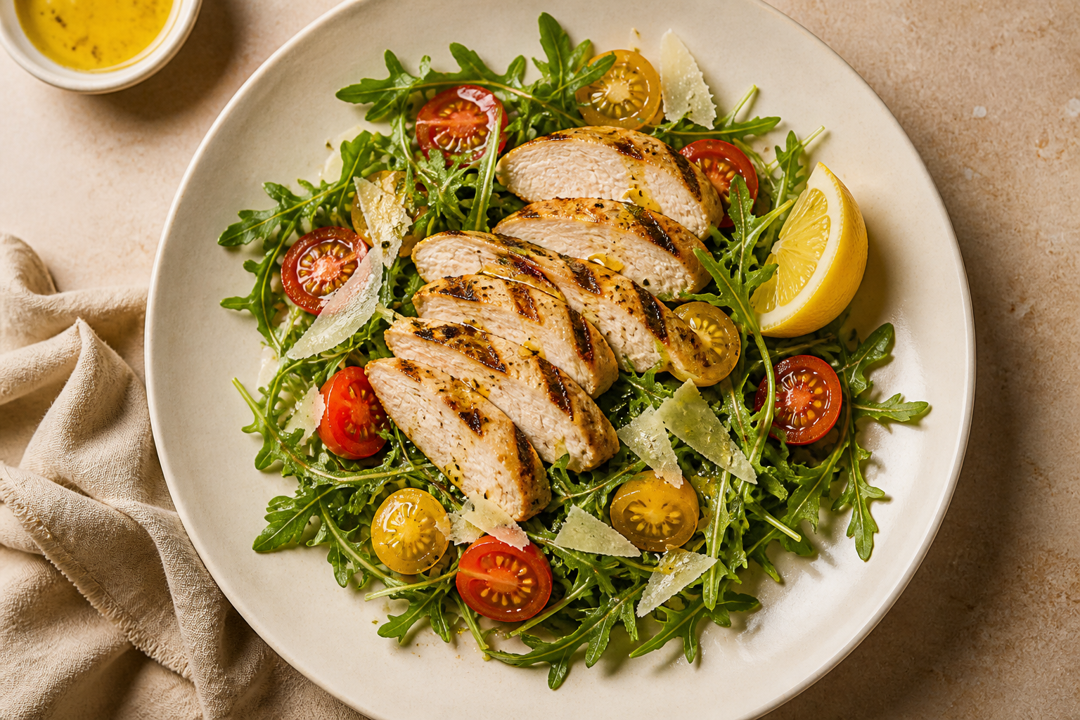 Overhead shot of Grilled Chicken and Arugula Salad with Lemon Vinaigrette plated appetizingly in a wide clean plate