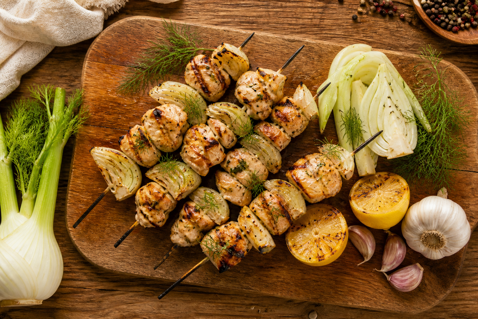 Overhead shot of Grilled Chicken and Fennel Skewers plated appetizingly in a wooden board