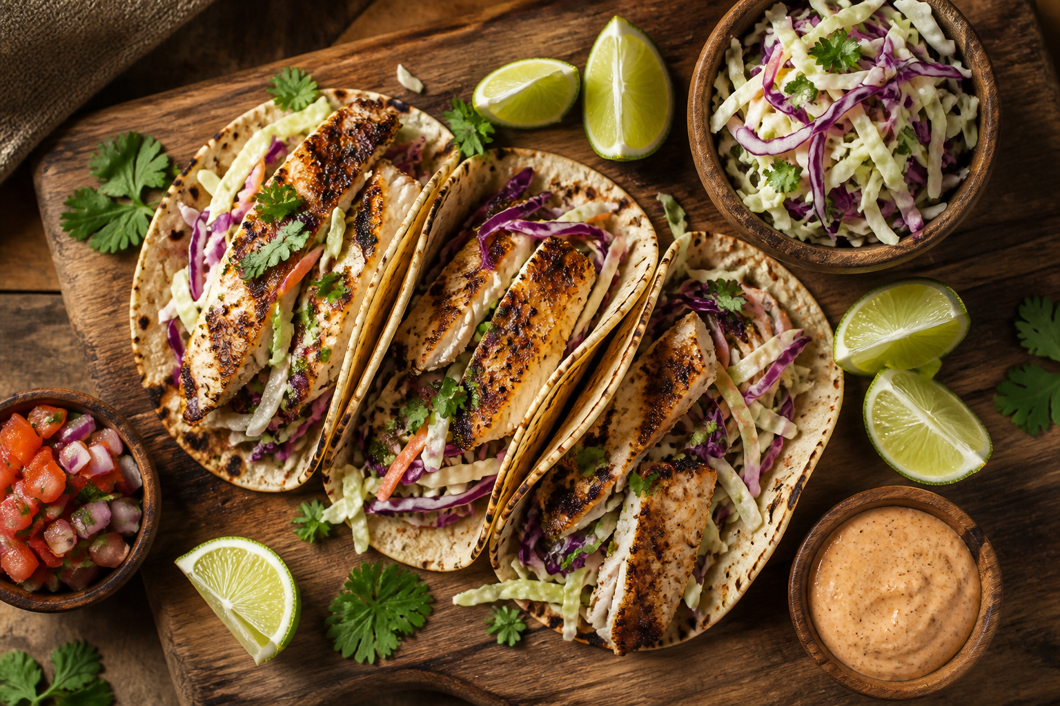 Overhead shot of Grilled Fish Tacos with Cabbage Slaw plated appetizingly in a wooden board