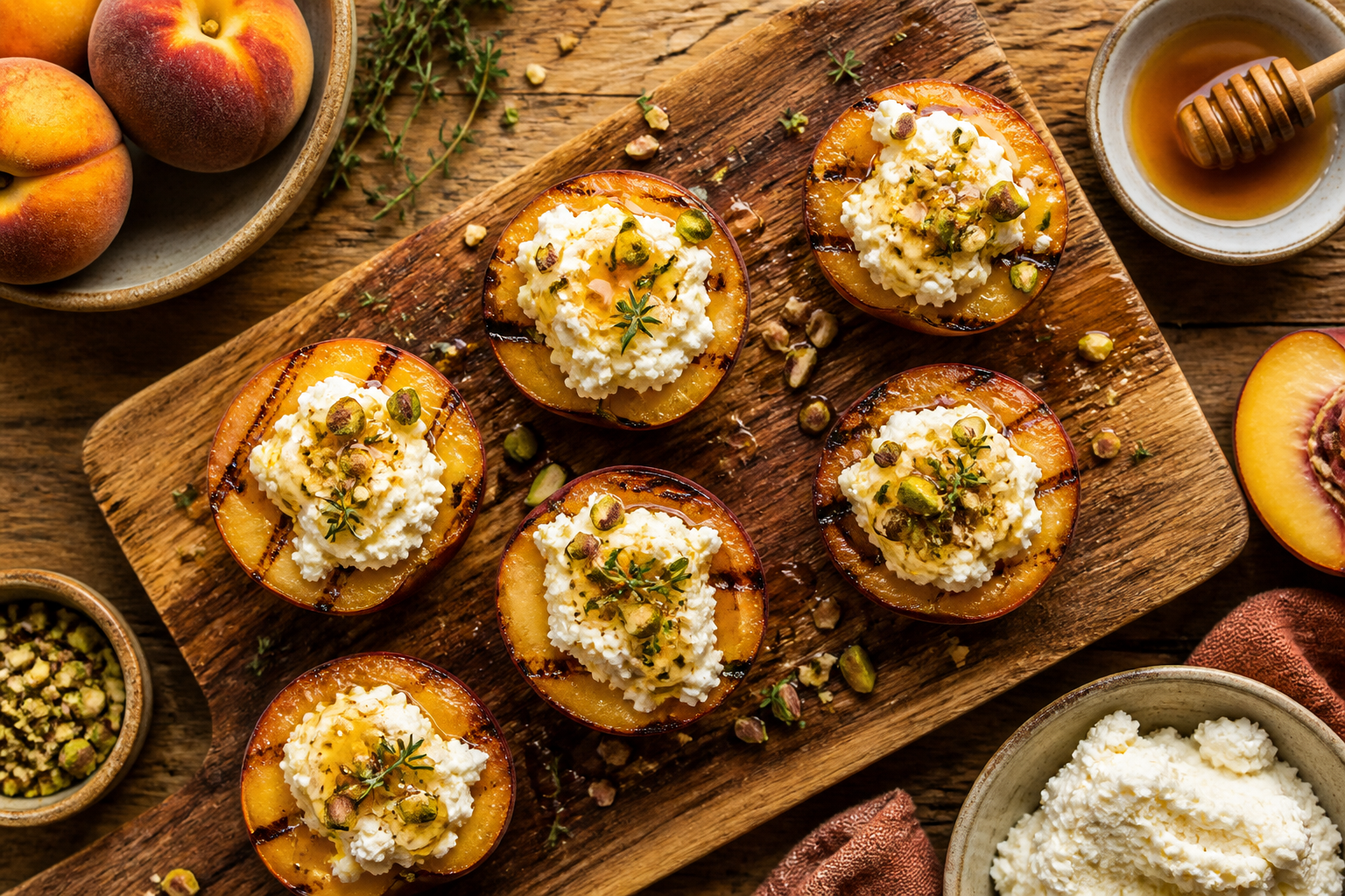 Overhead shot of Grilled Peaches with Ricotta and Honey plated appetizingly in a wooden board