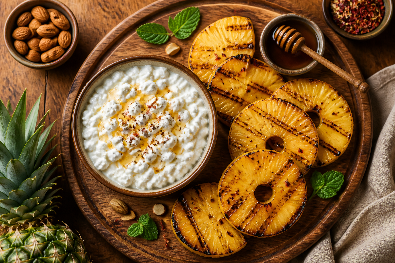 Overhead shot of Grilled Pineapple with Cottage Cheese plated appetizingly in a wooden board
