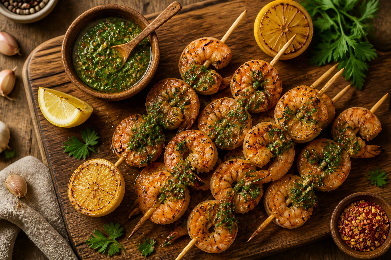 Overhead shot of Grilled Shrimp Skewers with Chimichurri plated appetizingly in a wooden board
