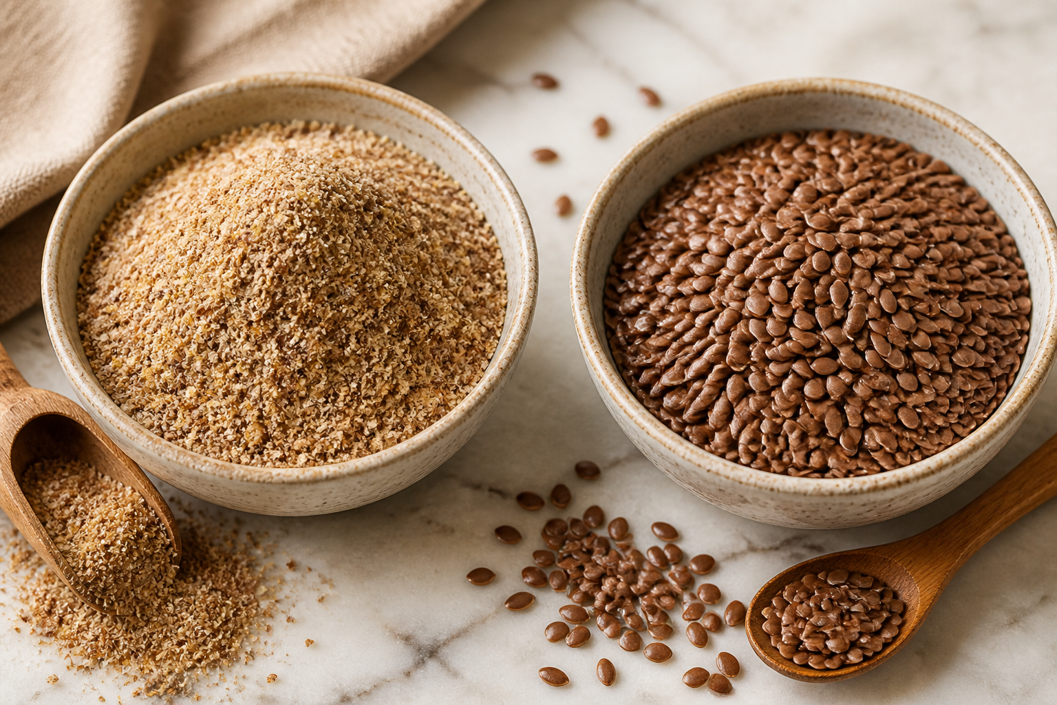 Close-up editorial still life of Ground Flaxseed vs Whole on a clean wooden or marble surface