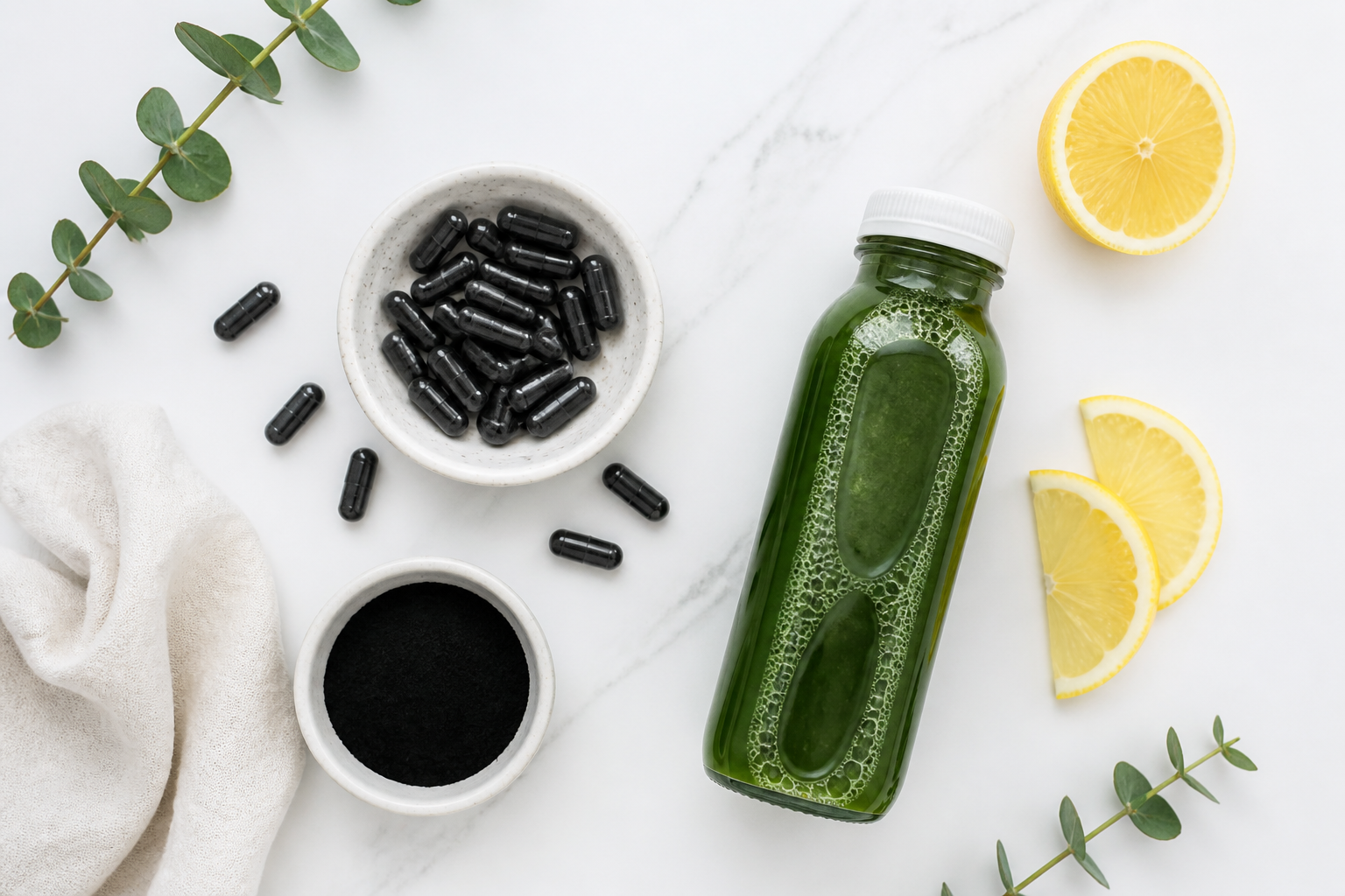 Flat lay of trendy detox products — green juice bottle