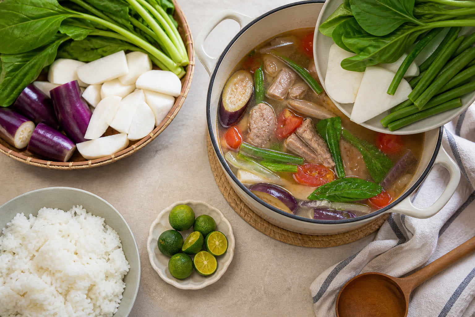 Kitchen counter with sinigang pot, calamansi, and cooled rice