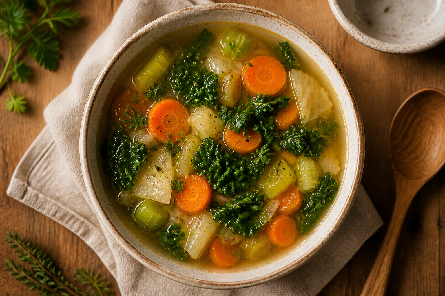 Overhead shot of Gut-Healing Vegetable Broth plated appetizingly in a ceramic bowl