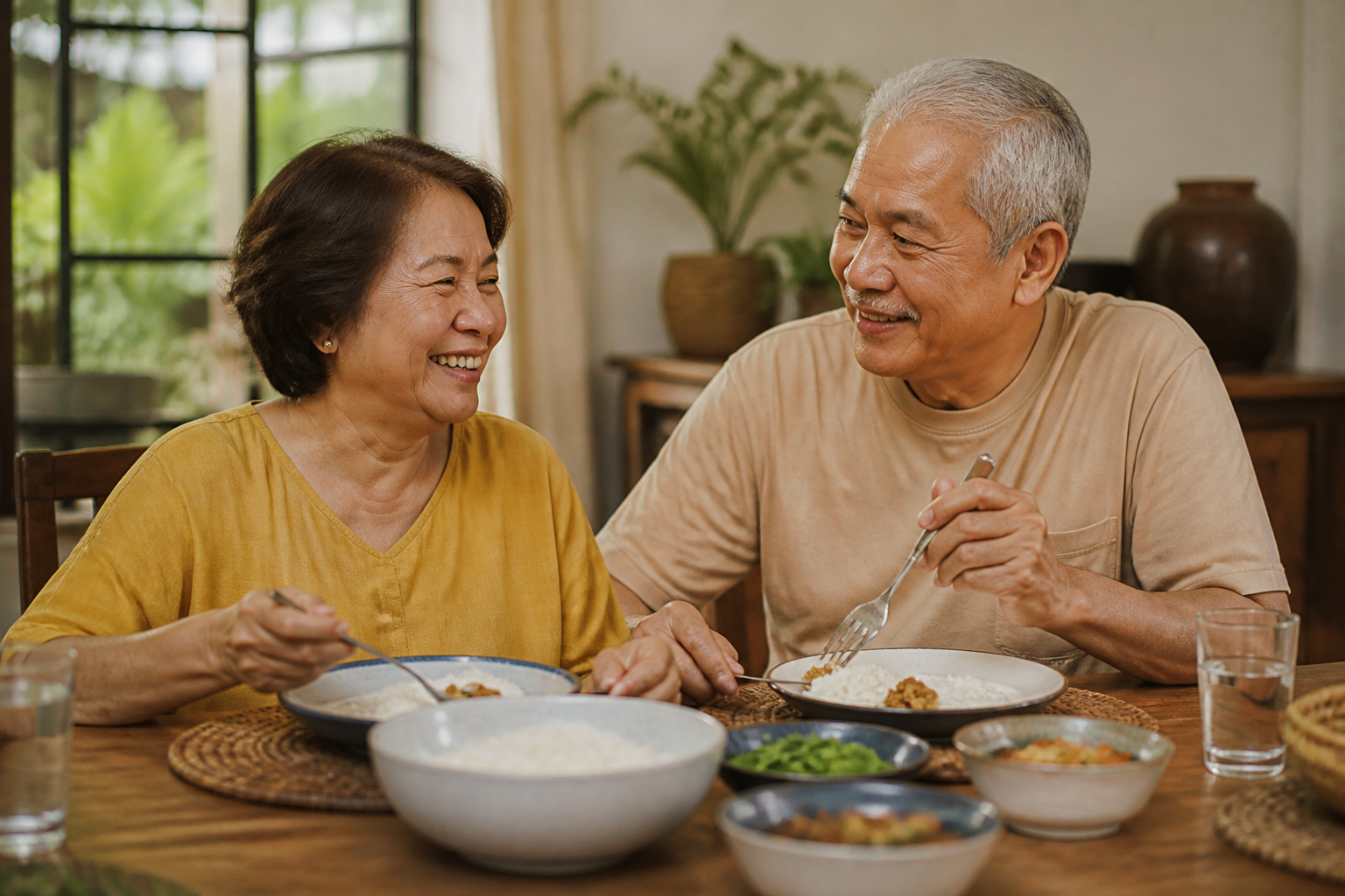 Filipino couple in their late 60s eating a simple meal together at home