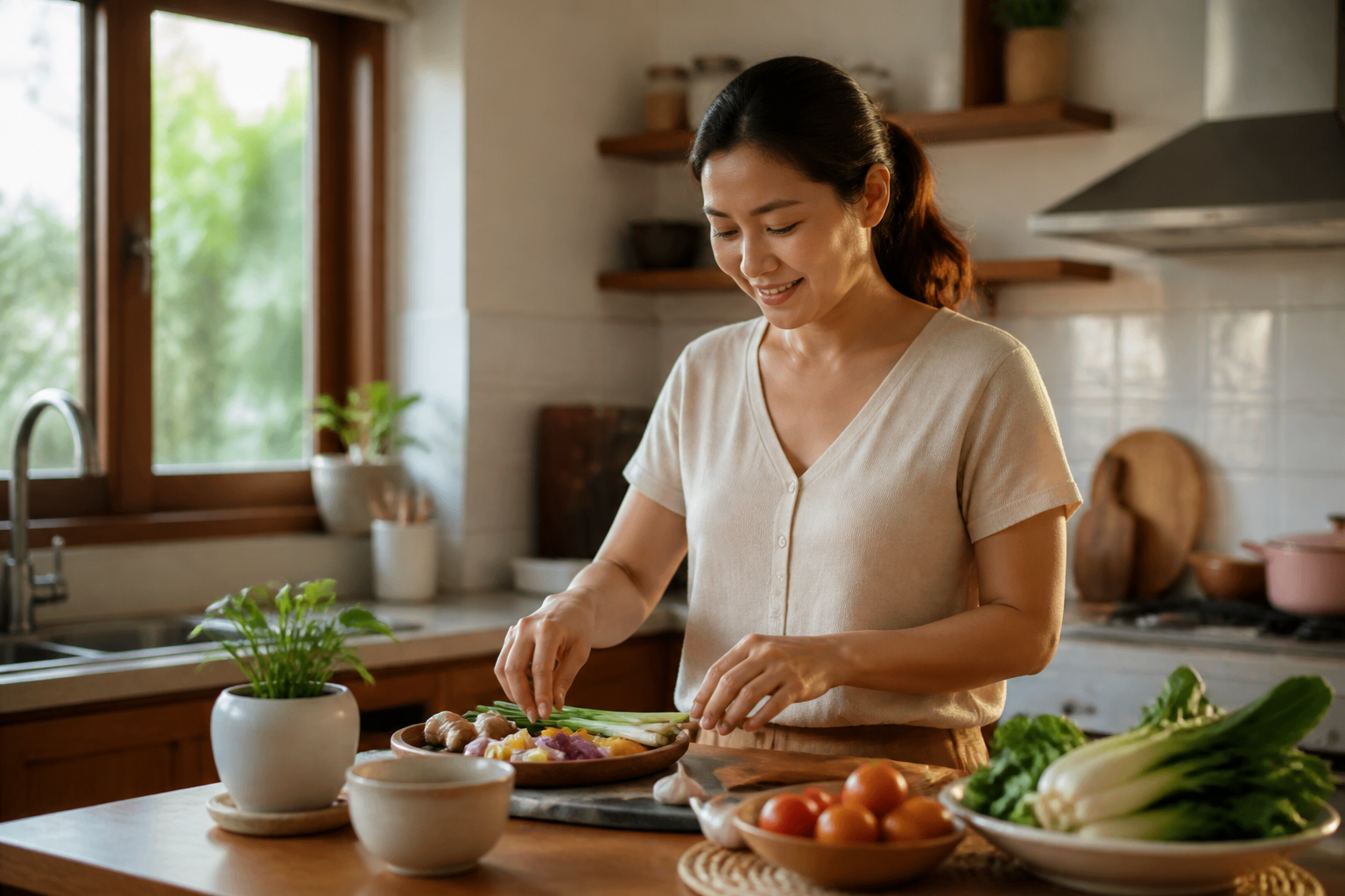 Filipino woman in her 30s in a warm home kitchen