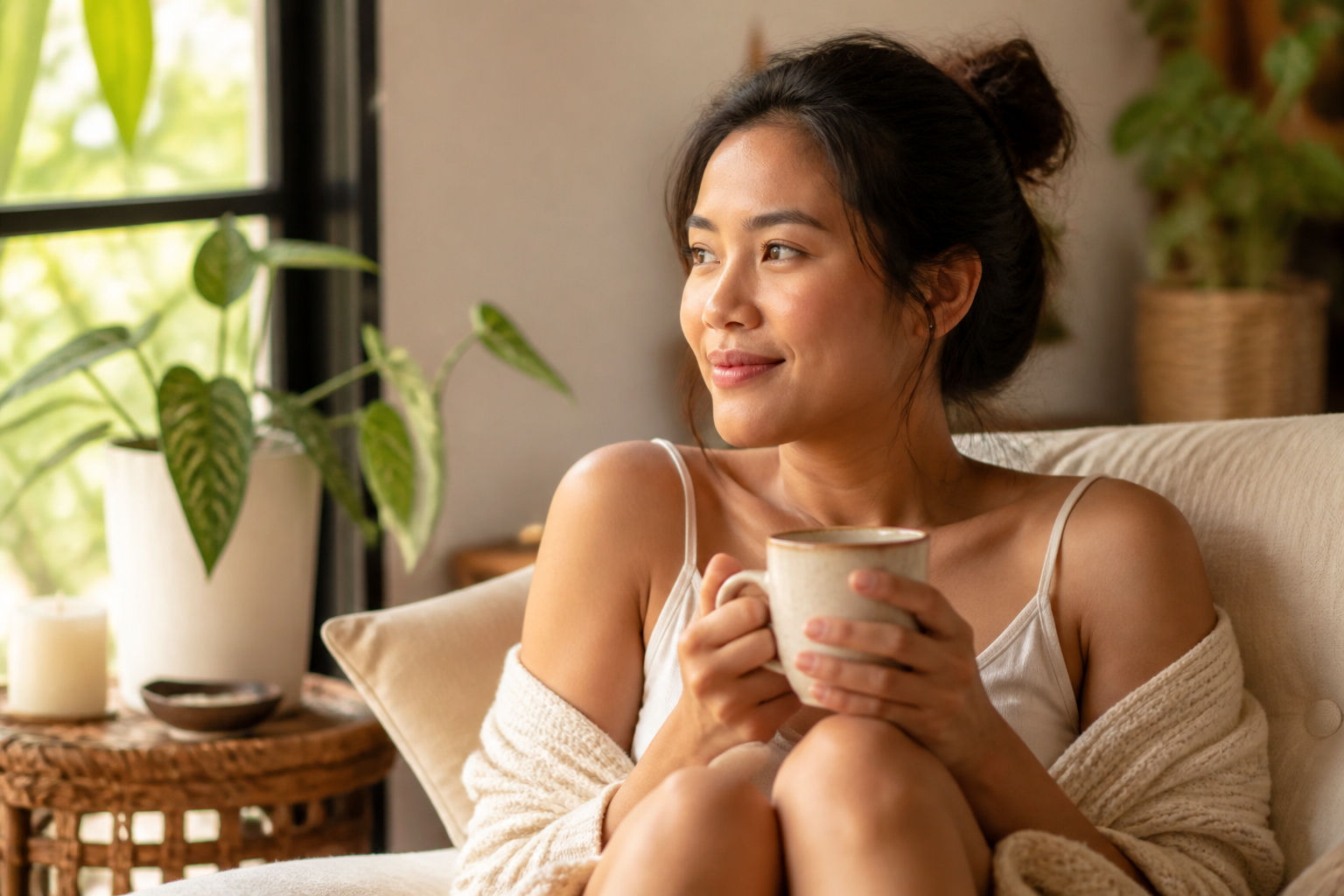 Filipino woman in her 20s or 30s at home with a warm mug