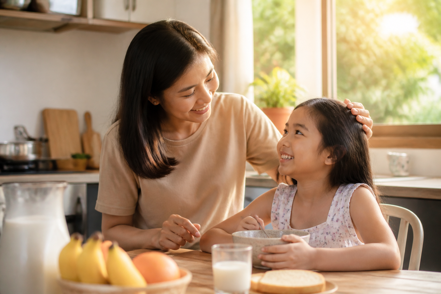 Filipino parent with a child age 6-8 in a warm home kitchen