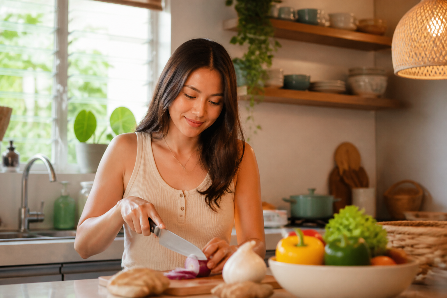 Filipino woman in her 30s in a warm home kitchen