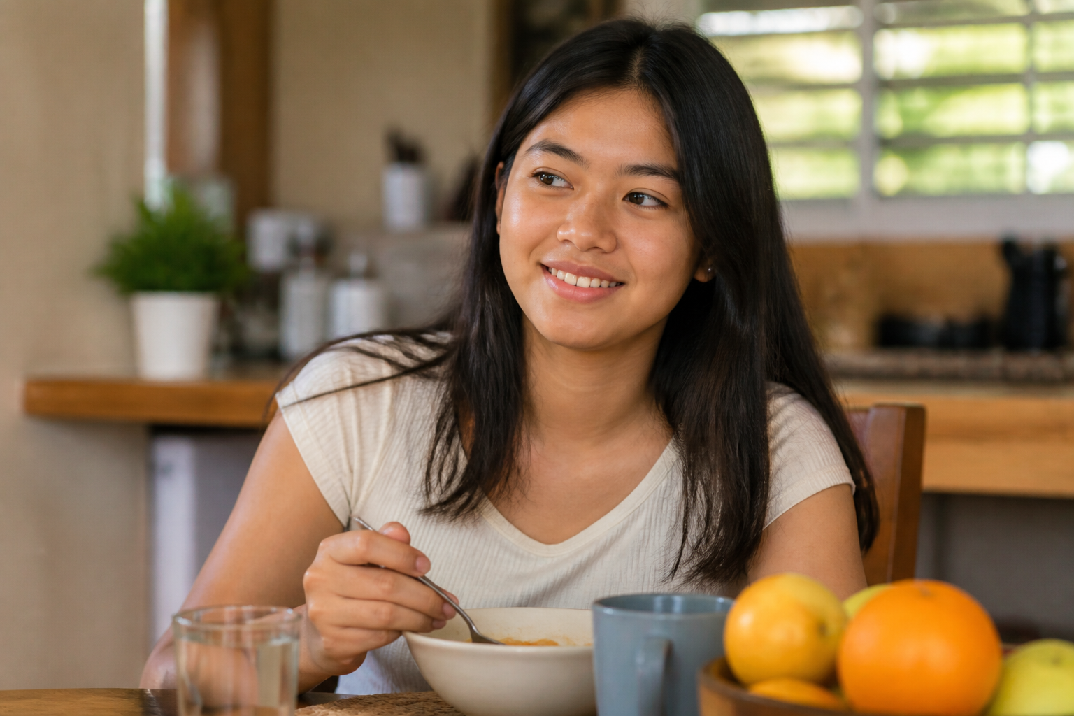 Filipino teenager 15-16 at a kitchen table or cafeteria