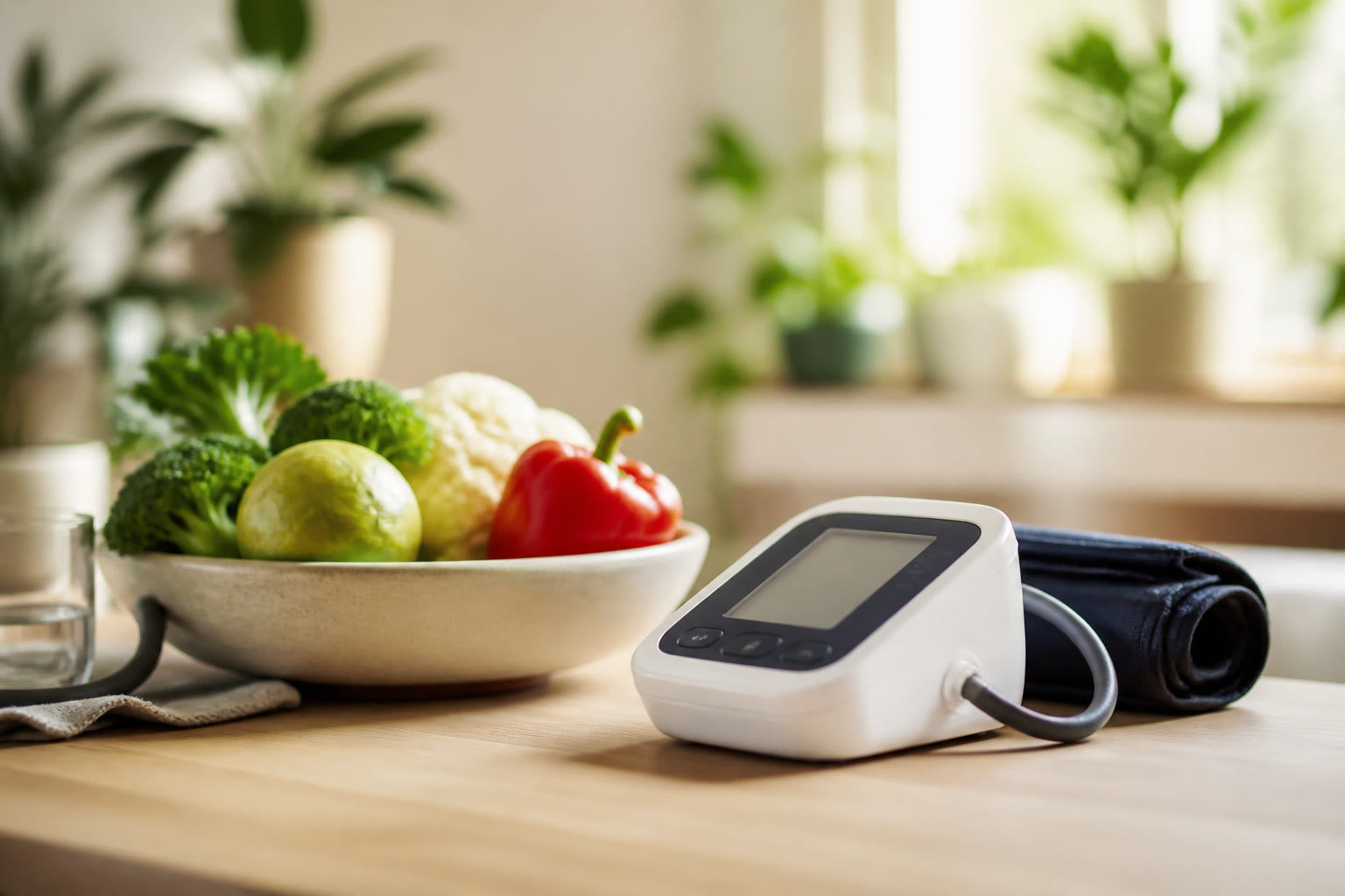 Blood pressure monitor beside a bowl of fresh vegetables in morning light