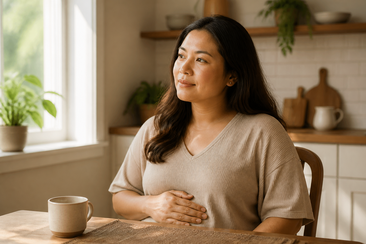 Filipino woman sitting at a kitchen table with her hand resting on her abdomen, thoughtful expression