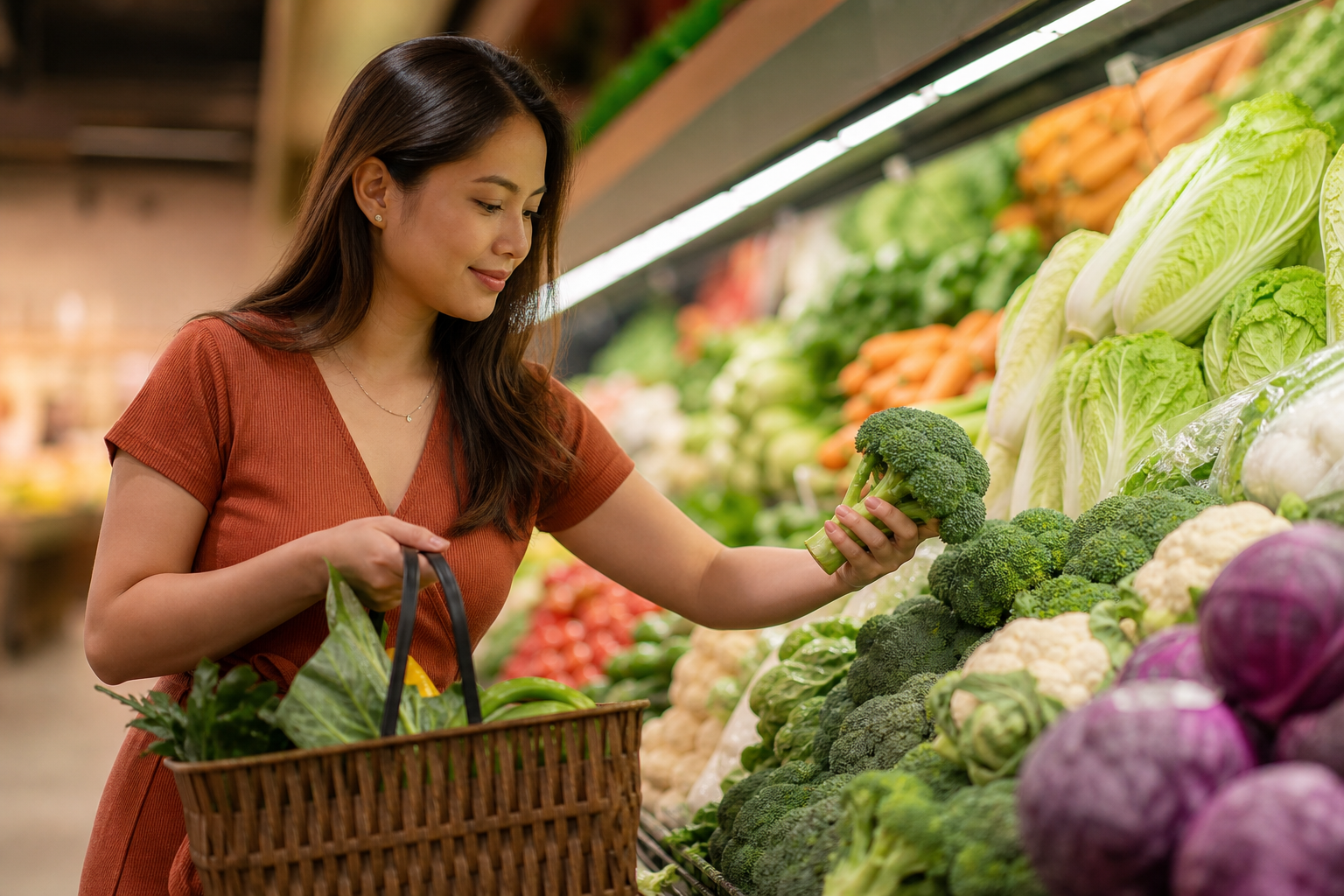 Filipino woman in her 30s in a supermarket produce aisle