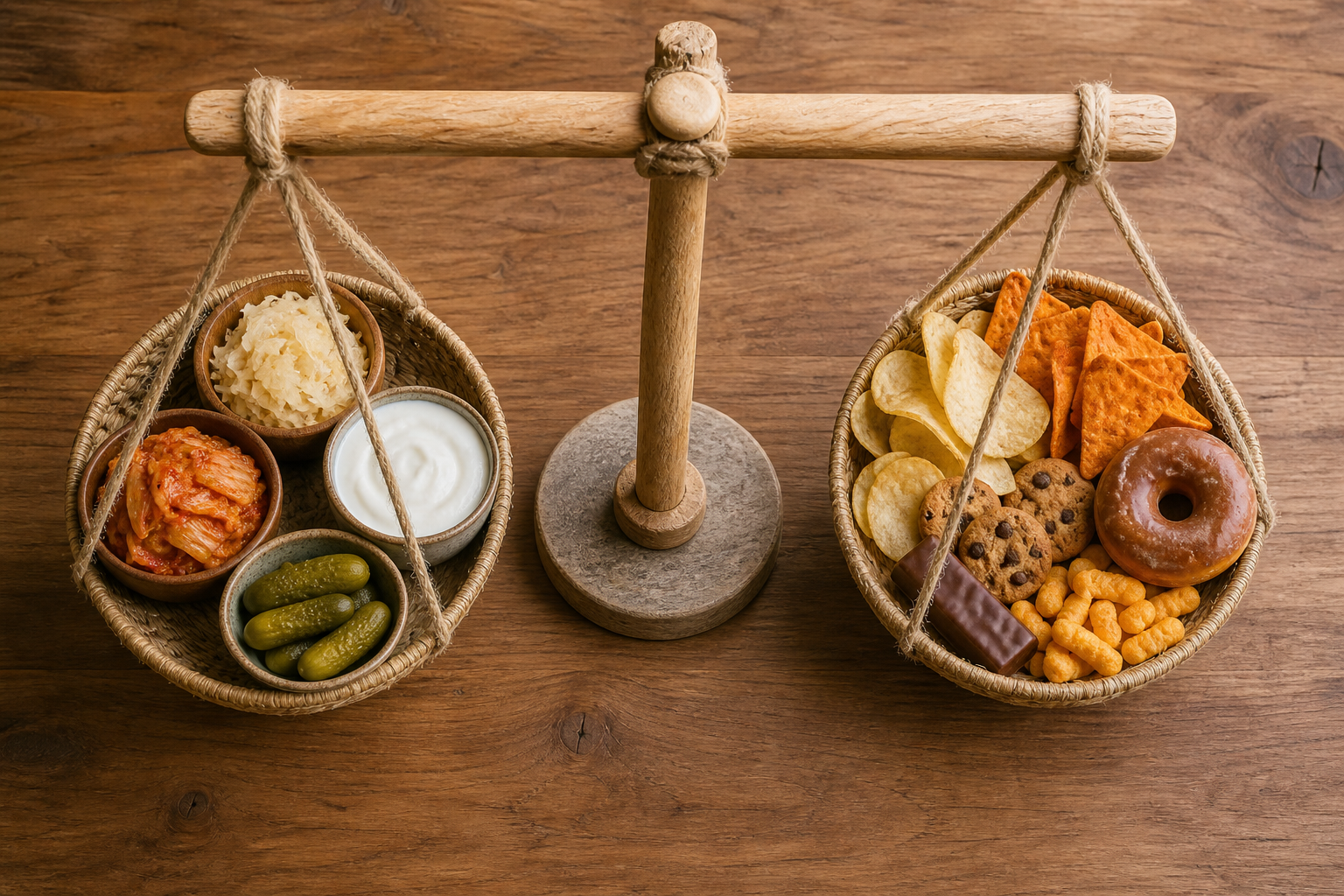 Overhead view of a balanced scale with fermented foods on one side and processed snacks on the other