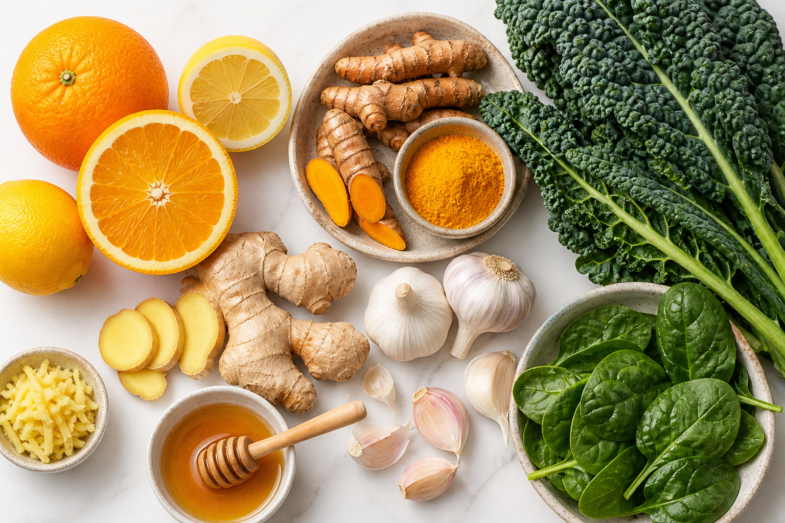 Overhead flat lay of immune-supporting foods — citrus