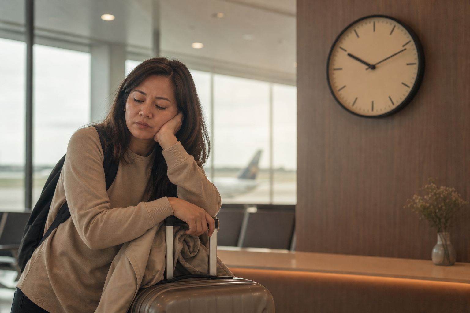 Filipino woman in her 30s looking exhausted in an airport