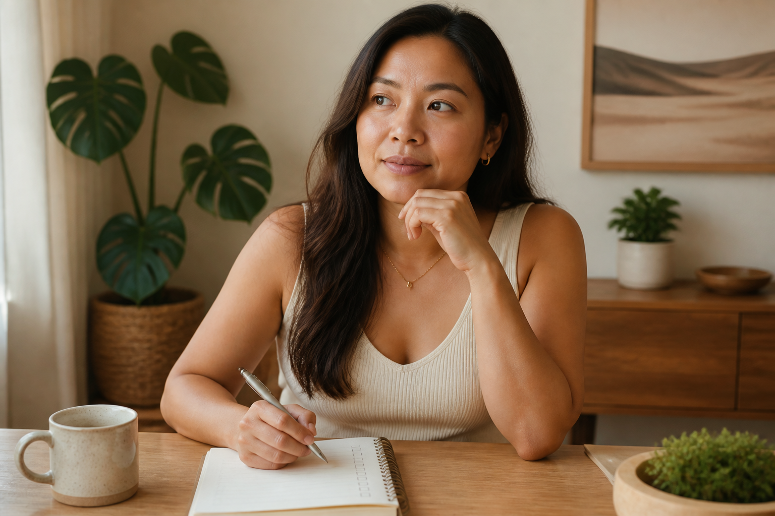 Filipino woman in her 30s sitting at a table with a simple checklist notebook