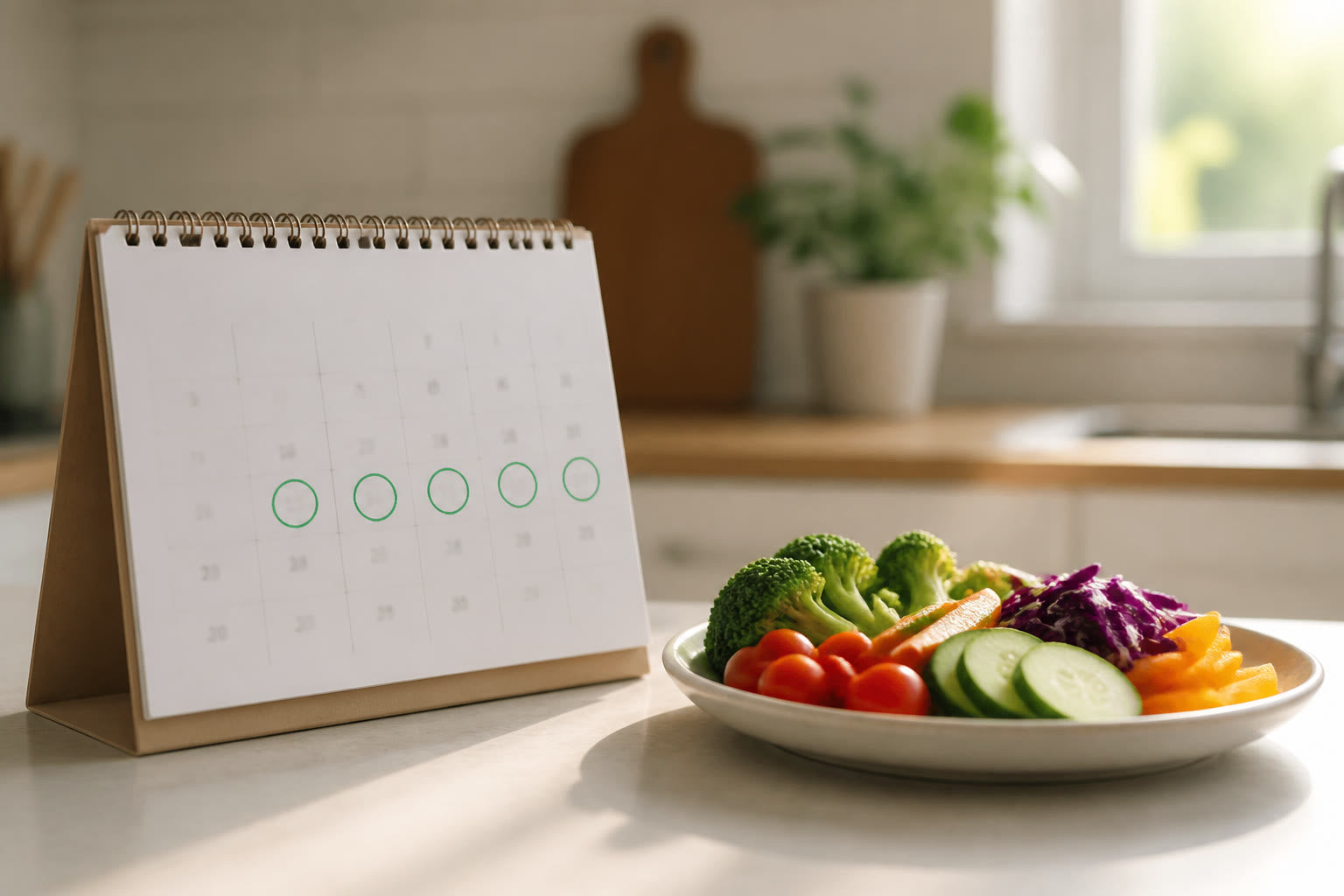 A wall calendar with days marked beside a small plate of mixed vegetables.