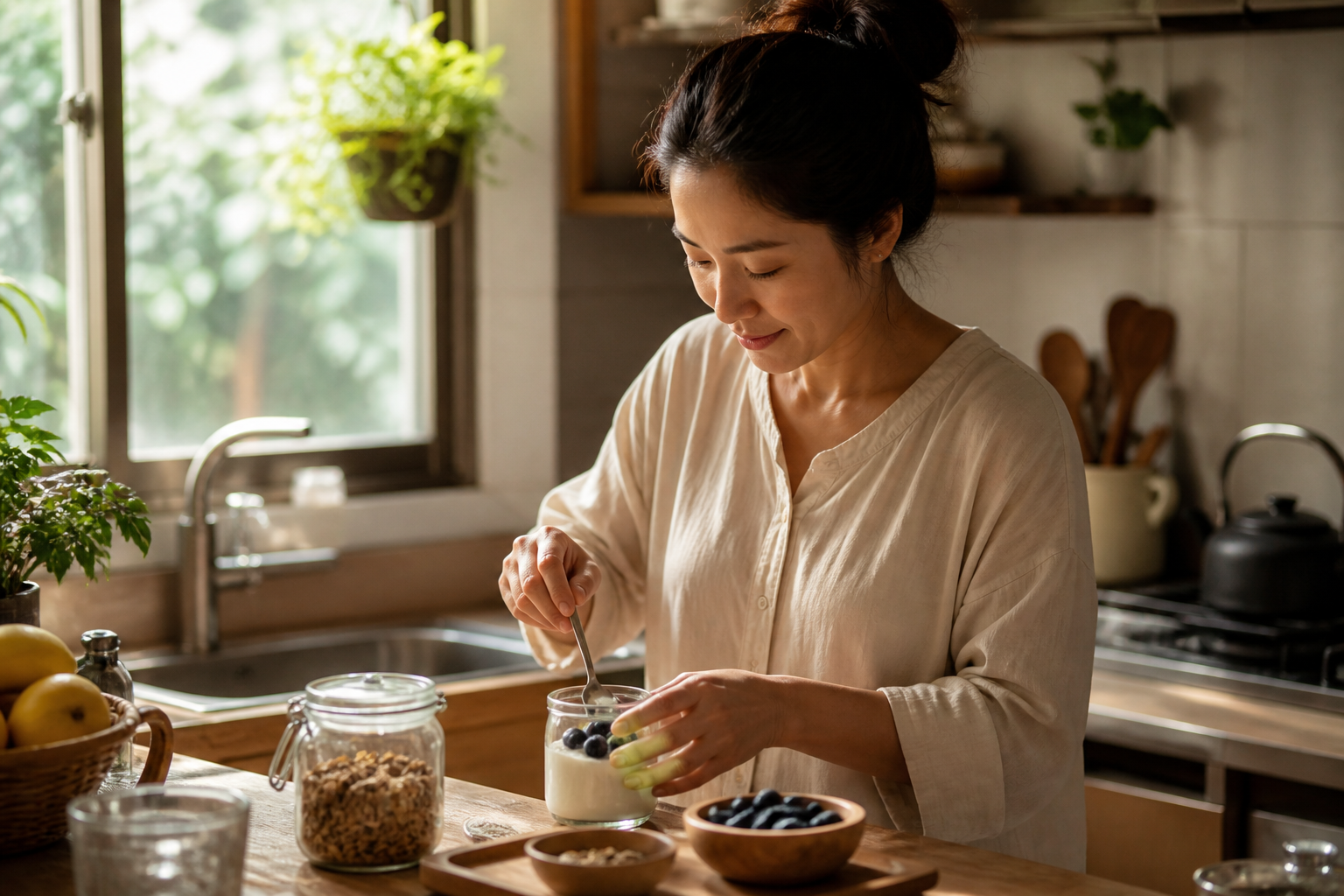 Filipino woman in her 30s in a small kitchen in the morning rush