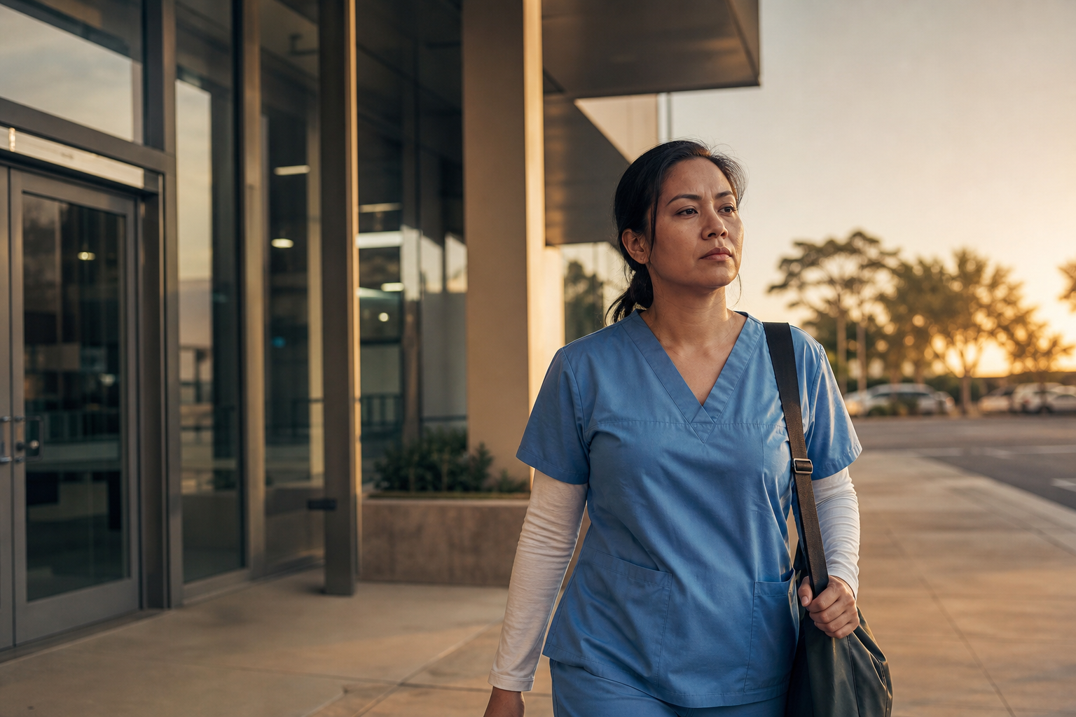 Filipino nurse in her 30s leaving a hospital building at dawn