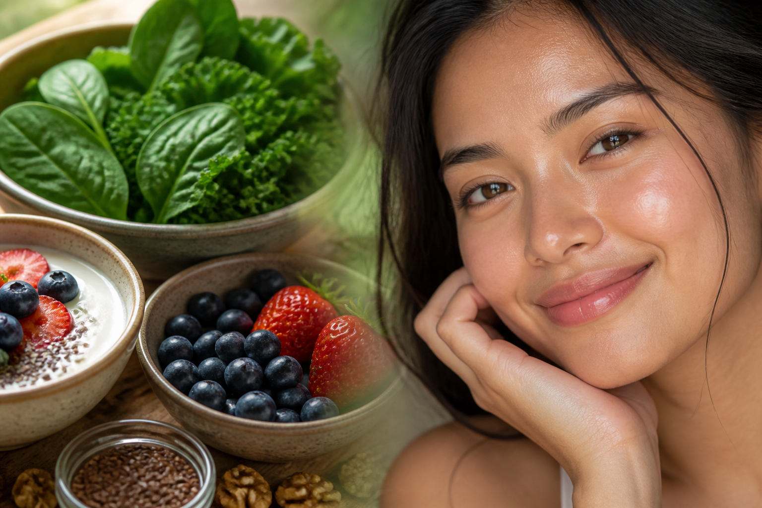 Split close-up: left side showing fresh gut-healthy foods (leafy greens