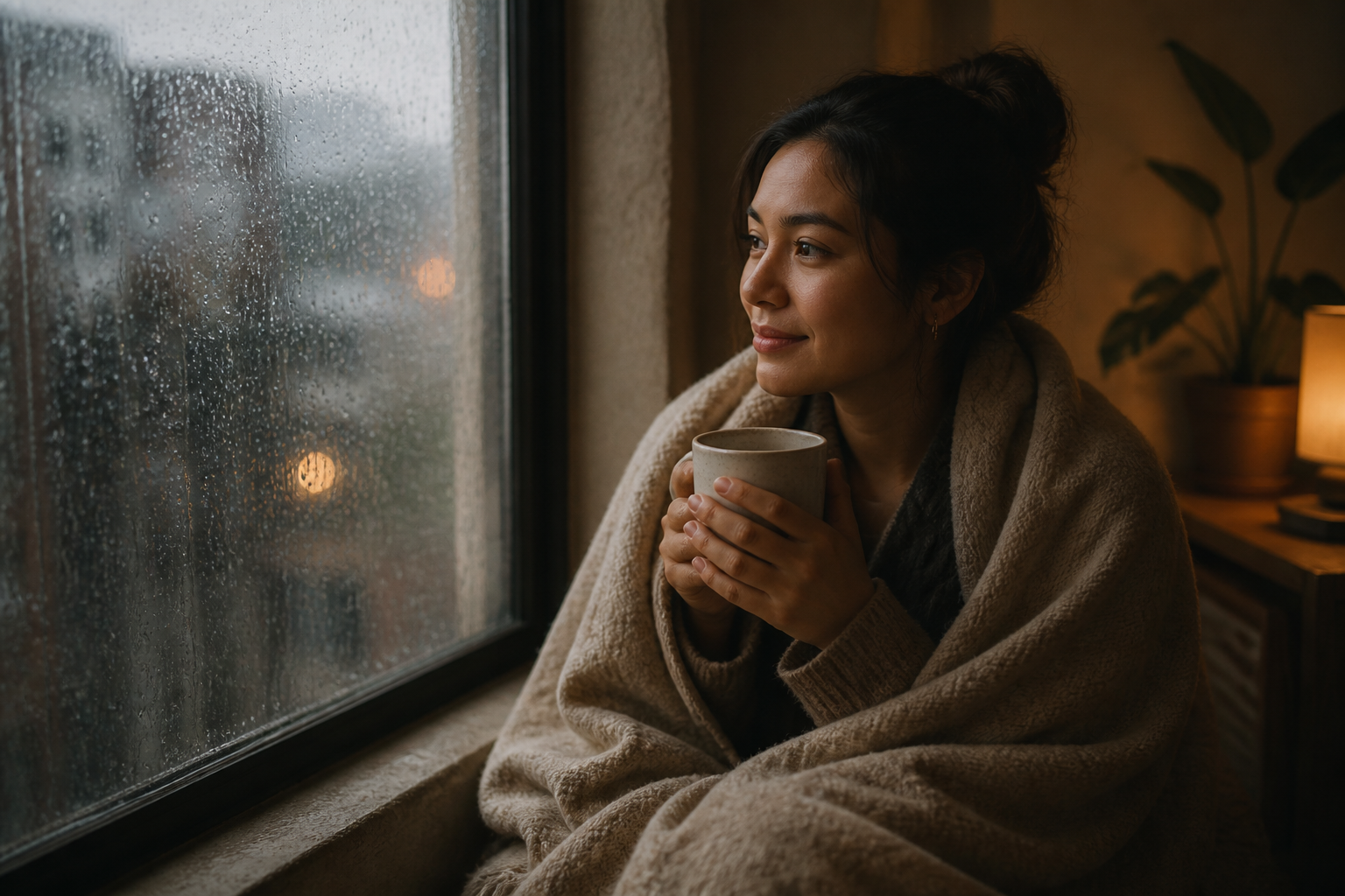Filipino woman wrapped in a blanket by a window on a rainy day