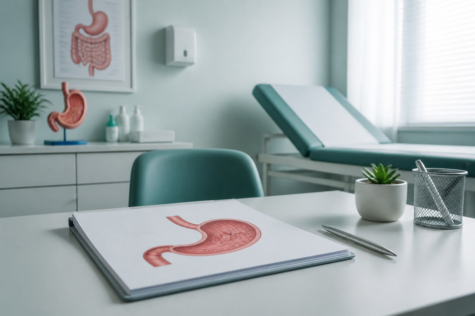 Medical consultation desk with a simple anatomical stomach diagram