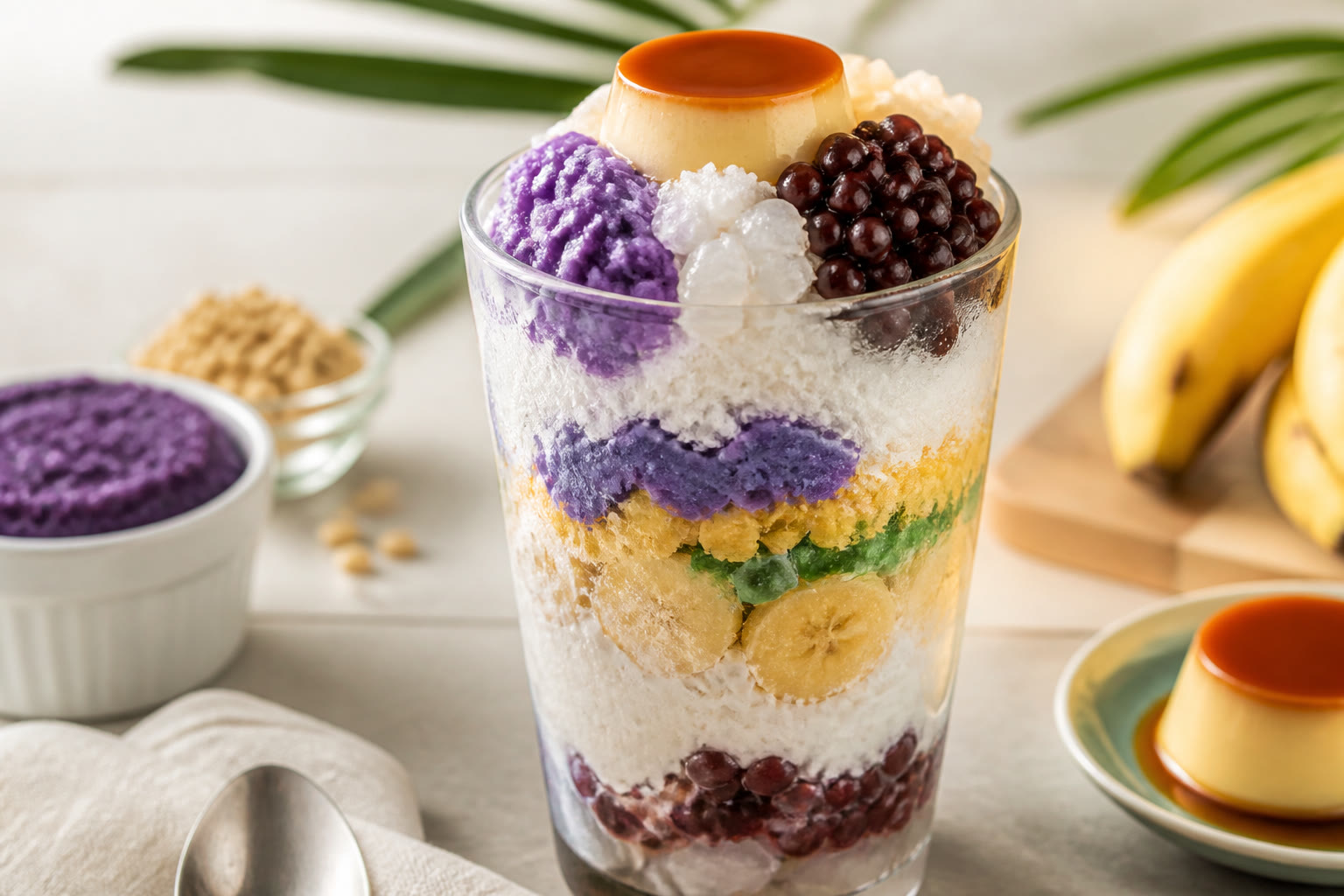 Tall glass of halo-halo with visible layers of ube, beans, saba, and leche flan