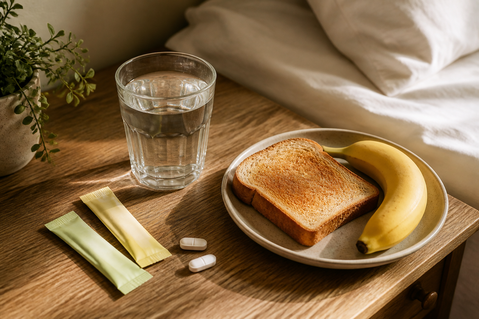 Morning-after recovery flat lay: glass of water