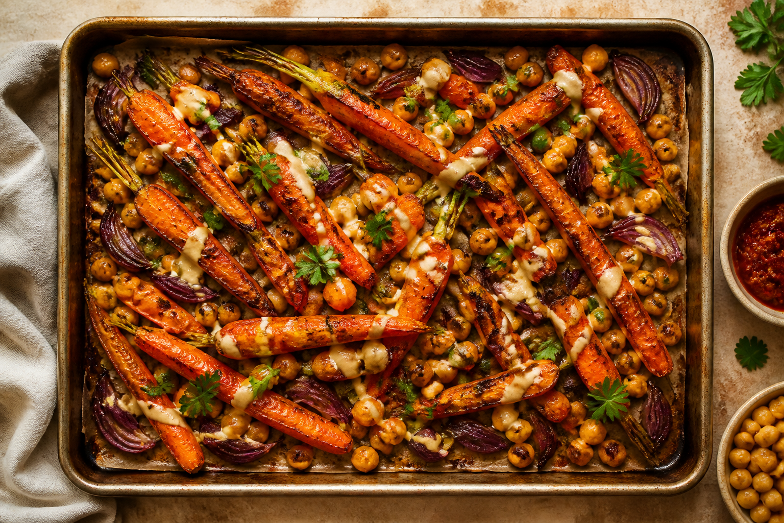 Overhead shot of Harissa Roasted Carrots and Chickpeas plated appetizingly in a baking tray